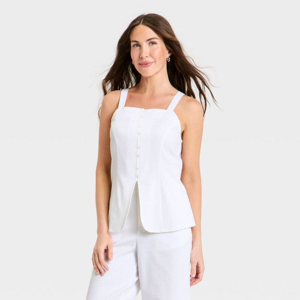 Women's Sleeveless Faux Linen Vest - A New Day White XS